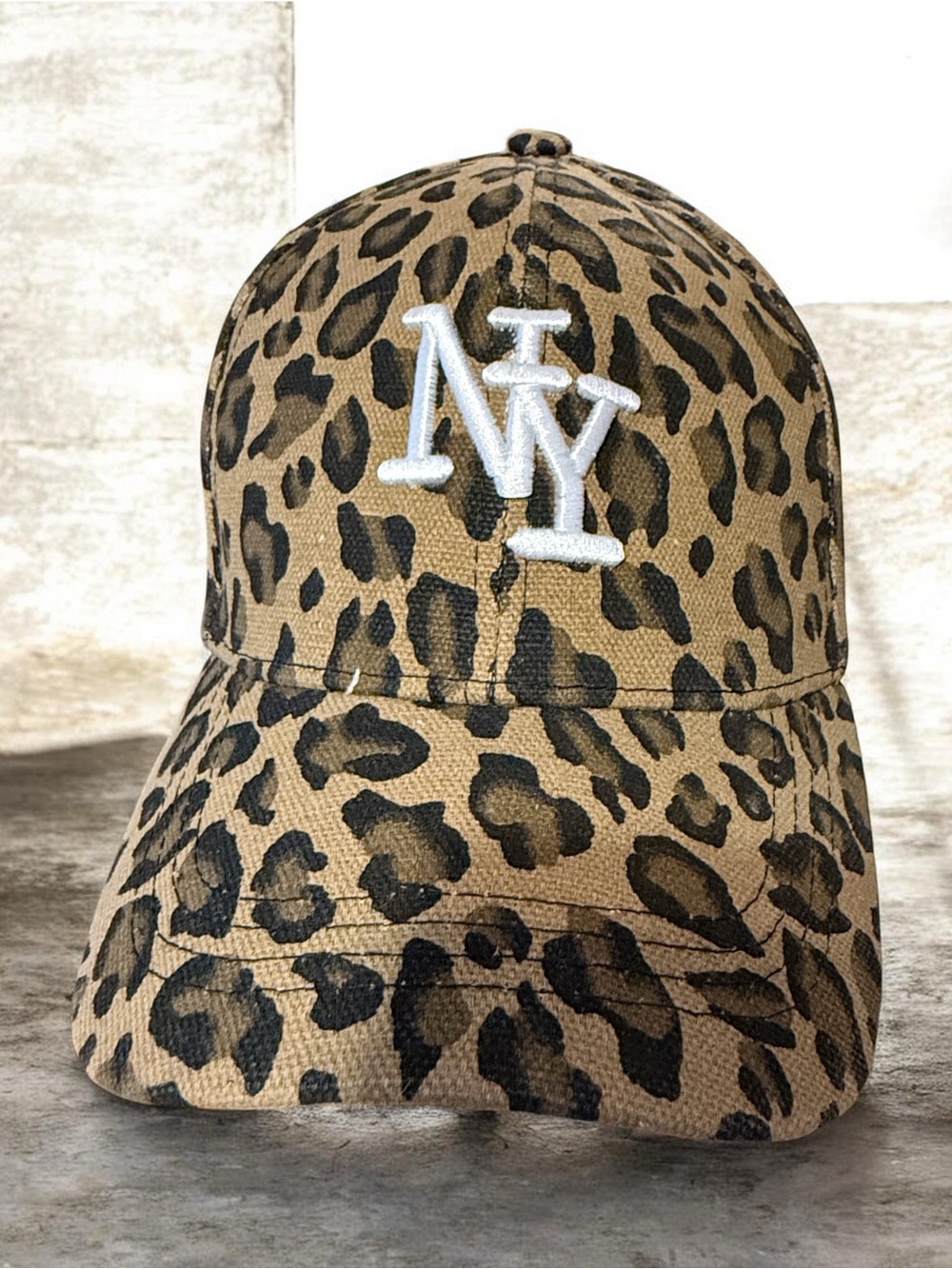 Leopard Print Kids Baseball Cap with White NY Logo - Tan & Black
